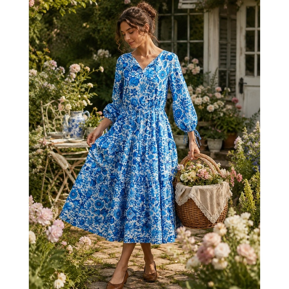 MDS Stripes Blue White‎ Floral Cotton Tiered Midi Dress cottagecore feminine